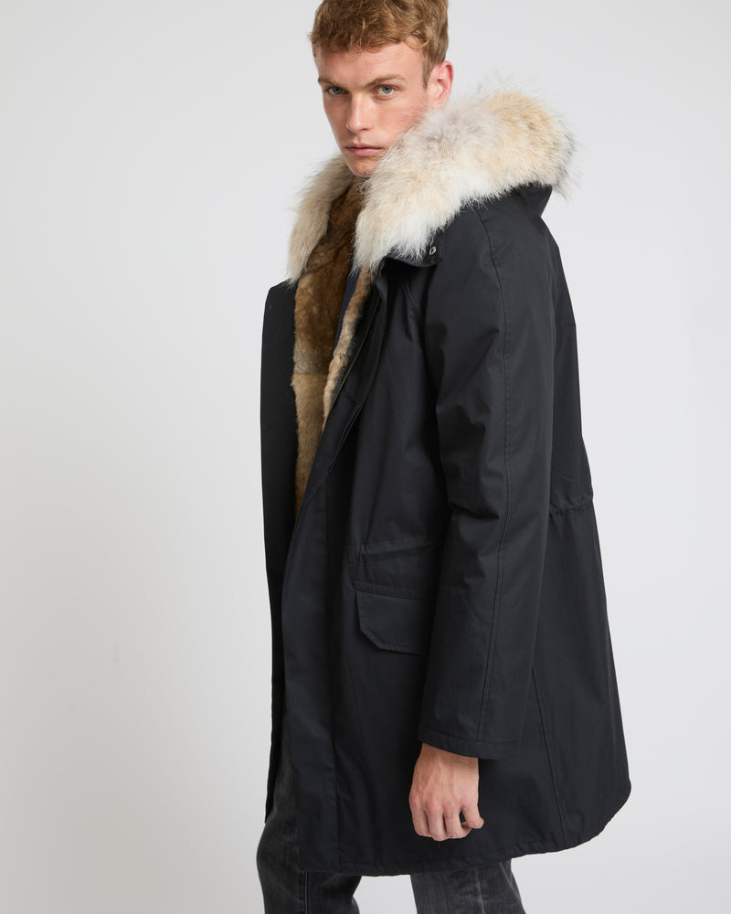 Long iconic parka in technical cotton and fur