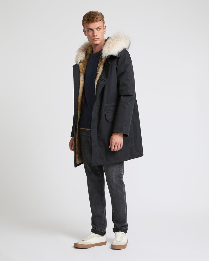 Long iconic parka in technical cotton and fur