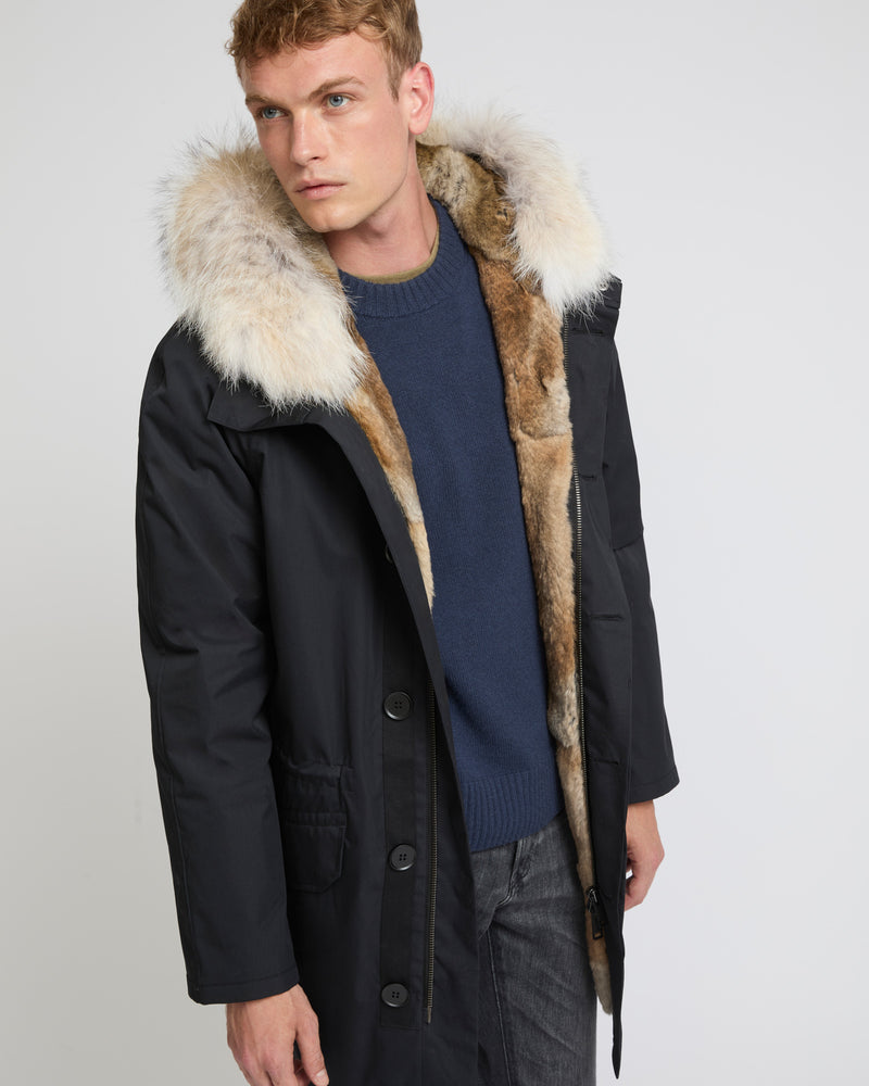 Long iconic parka in technical cotton and fur