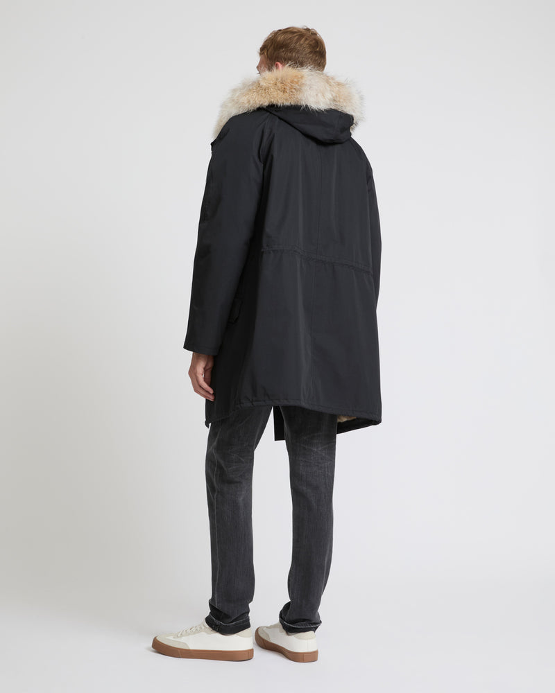 Long iconic parka in technical cotton and fur