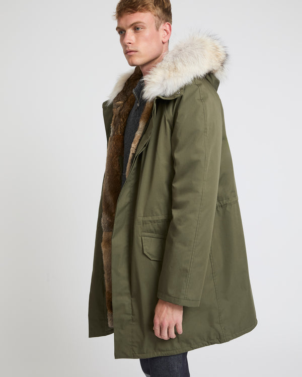 Long iconic parka in technical cotton and fur - khaki