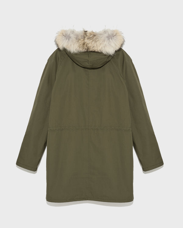 Parka iconique longue en coton technique avec fourrure de coyote et lapin