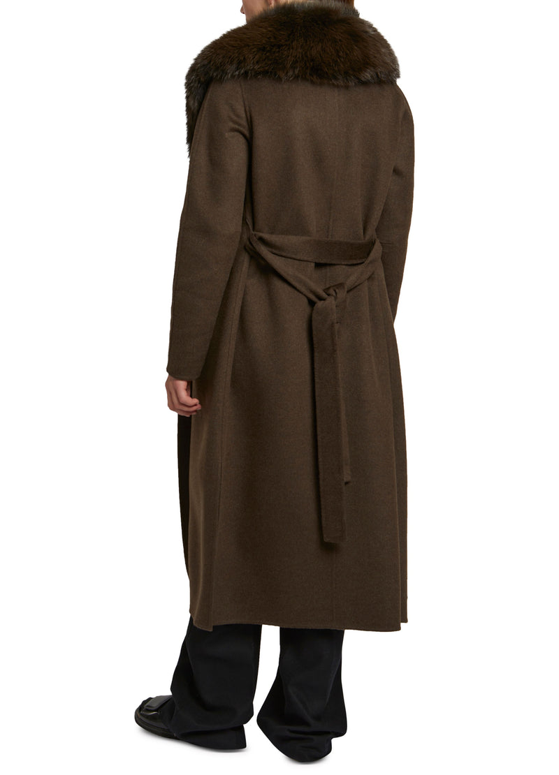 Manteau long en lainage cachemire et col en fourrure de renard