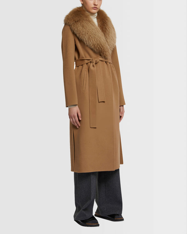 Manteau long en lainage cachemire et col en fourrure de renard