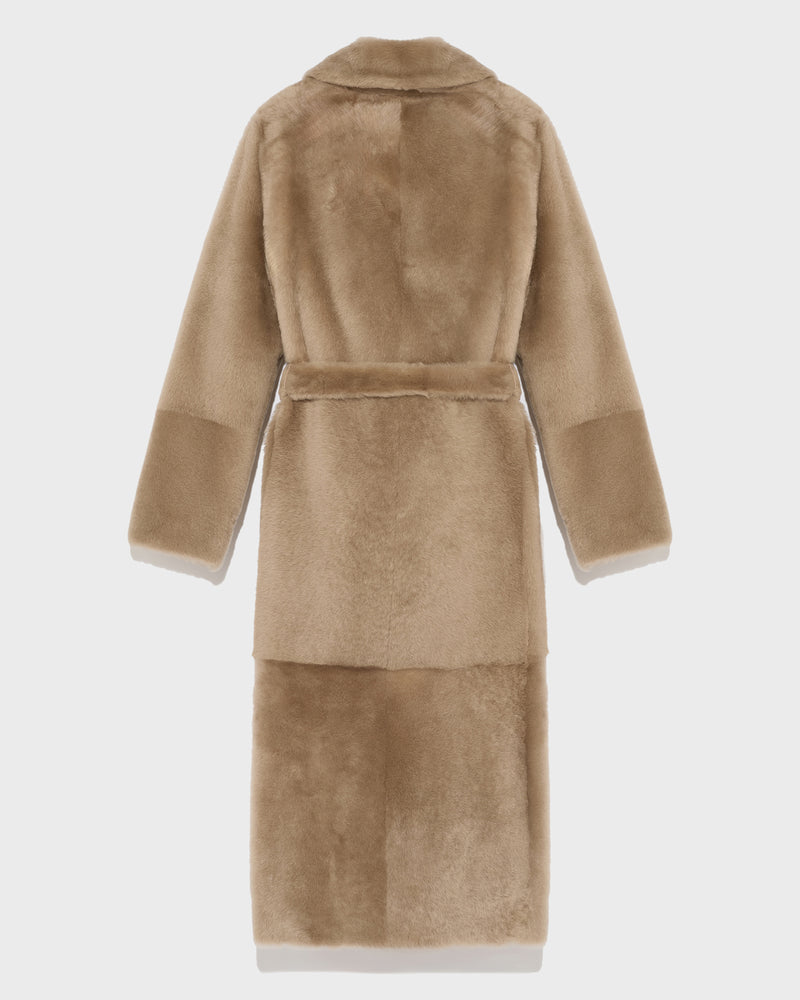 Long reversible belted shearling coat