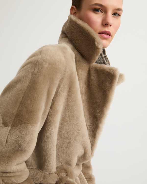 Long reversible belted shearling coat