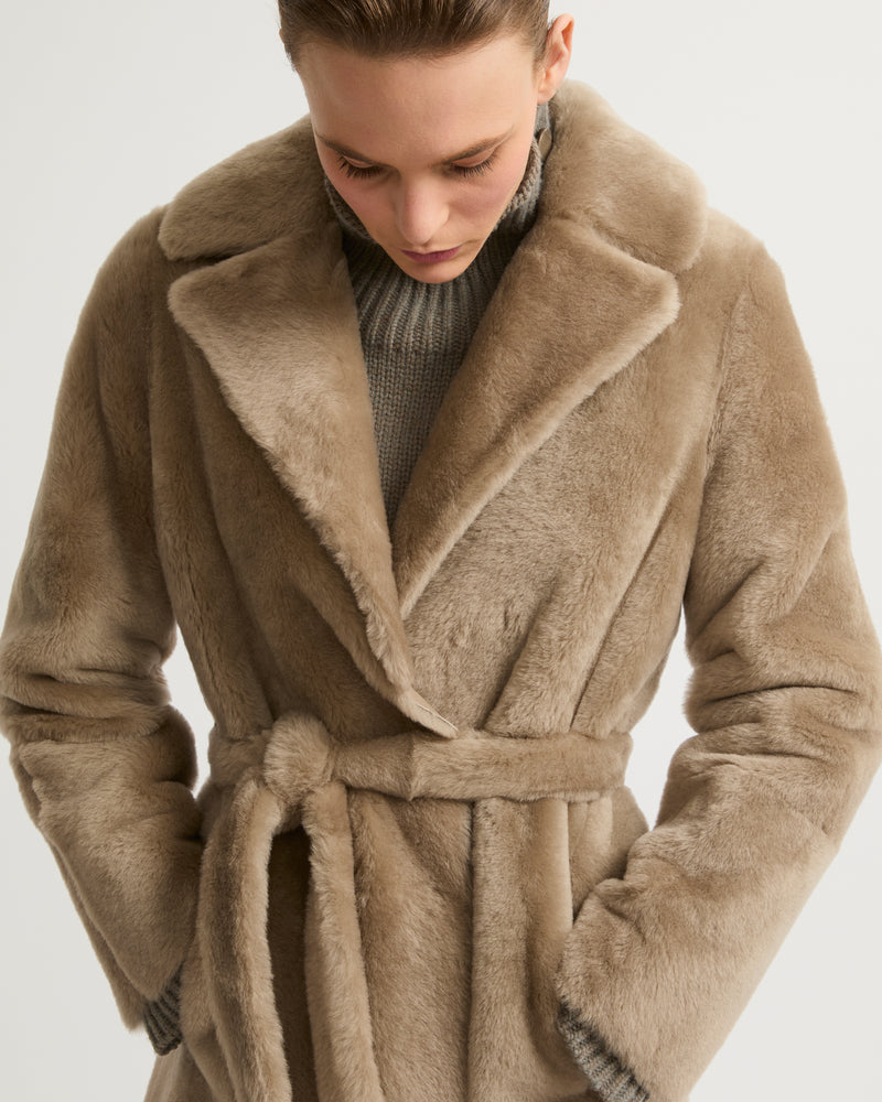 Long reversible belted shearling coat