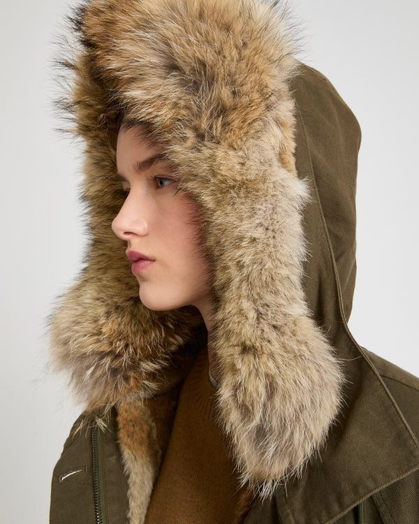 Long cotton gabardine parka with coyote and rabbit fur