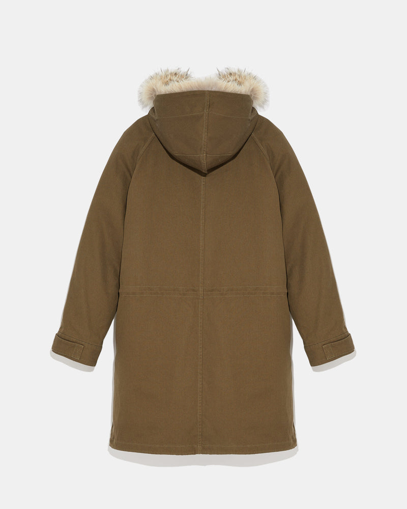 Parka longue en gabardine de coton avec fourrure de coyote et lapin