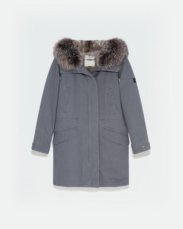 Parka longue en gabardine de coton avec fourrure de renard et lapin-Yves Salomon - Soldes d'hiver - Winter Sale