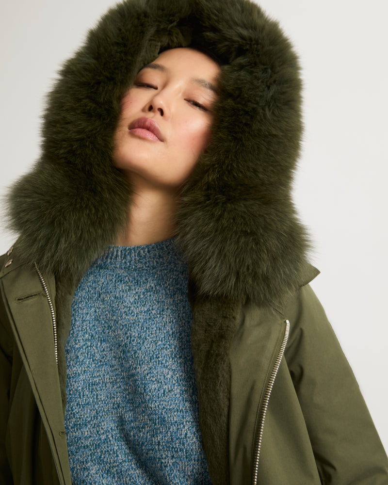 Regular parka in waterproof cotton blend with fox and rabbit fur