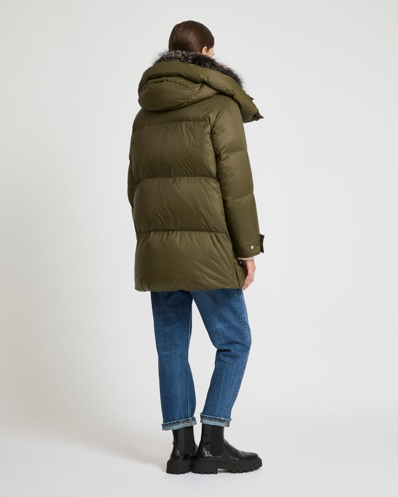 3/4 down jacket in water-repellent technical fabric with fox fur collar trim