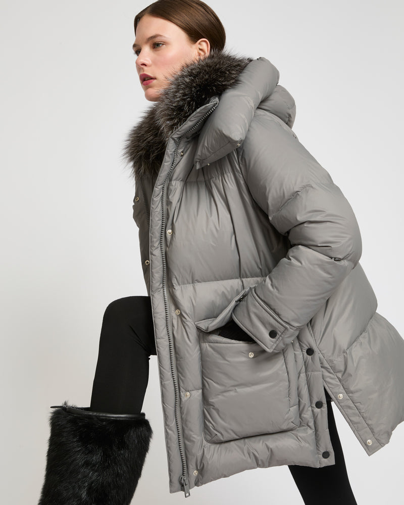 3/4 down jacket in water-repellent technical fabric with fox fur collar trim