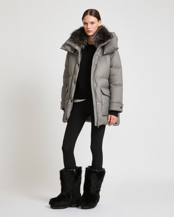 3/4 down jacket in water-repellent technical fabric with fox fur collar trim