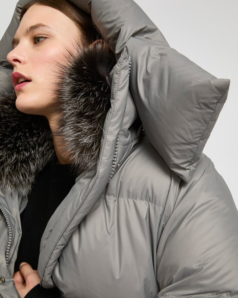 3/4 down jacket in water-repellent technical fabric with fox fur collar trim