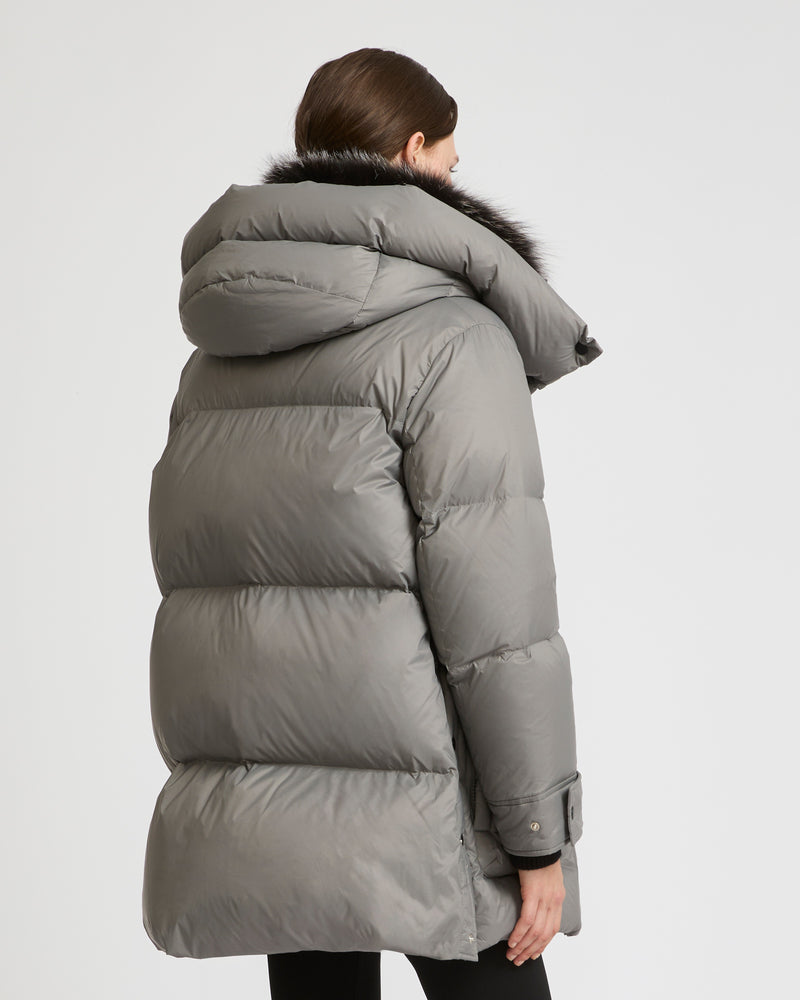 3/4 down jacket in water-repellent technical fabric with fox fur collar trim