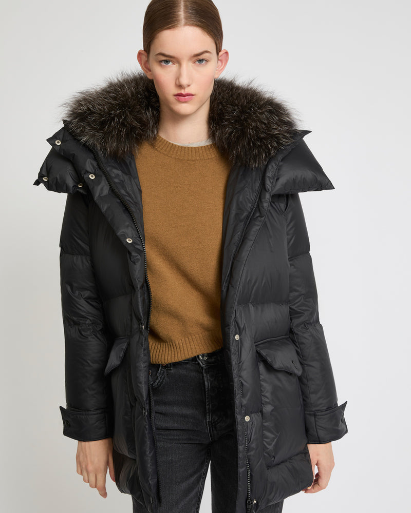 3/4 down jacket in water-repellent technical fabric with fox fur collar trim