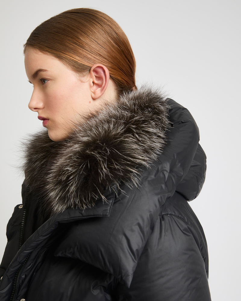 3/4 down jacket in water-repellent technical fabric with fox fur collar trim