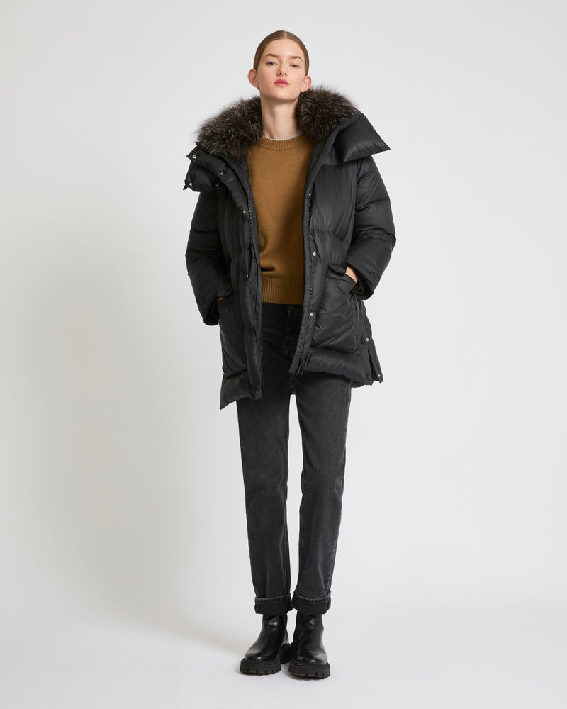 3/4 down jacket in water-repellent technical fabric with fox fur collar trim