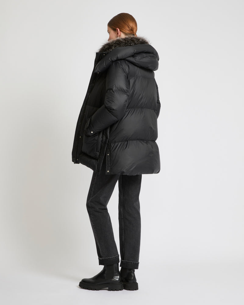 3/4 down jacket in water-repellent technical fabric with fox fur collar trim