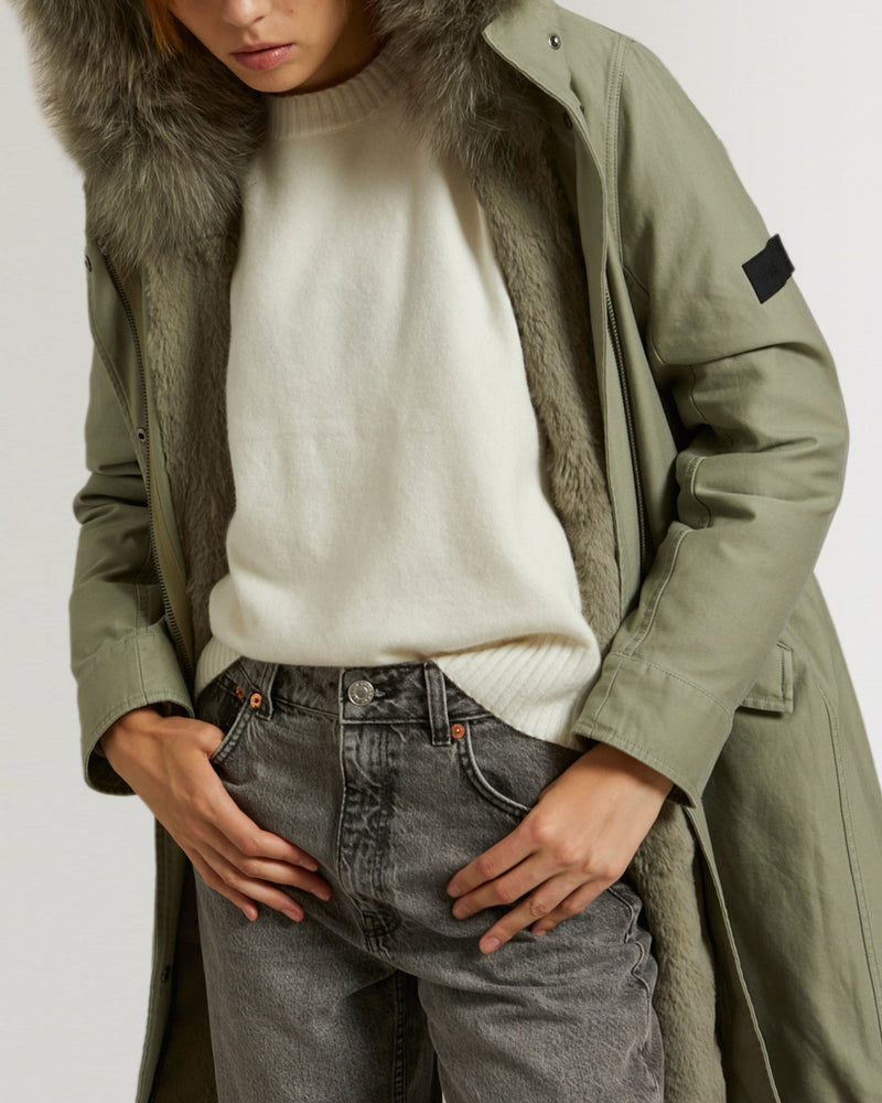 Parka longue en coton avec lapin et fourrure de renard