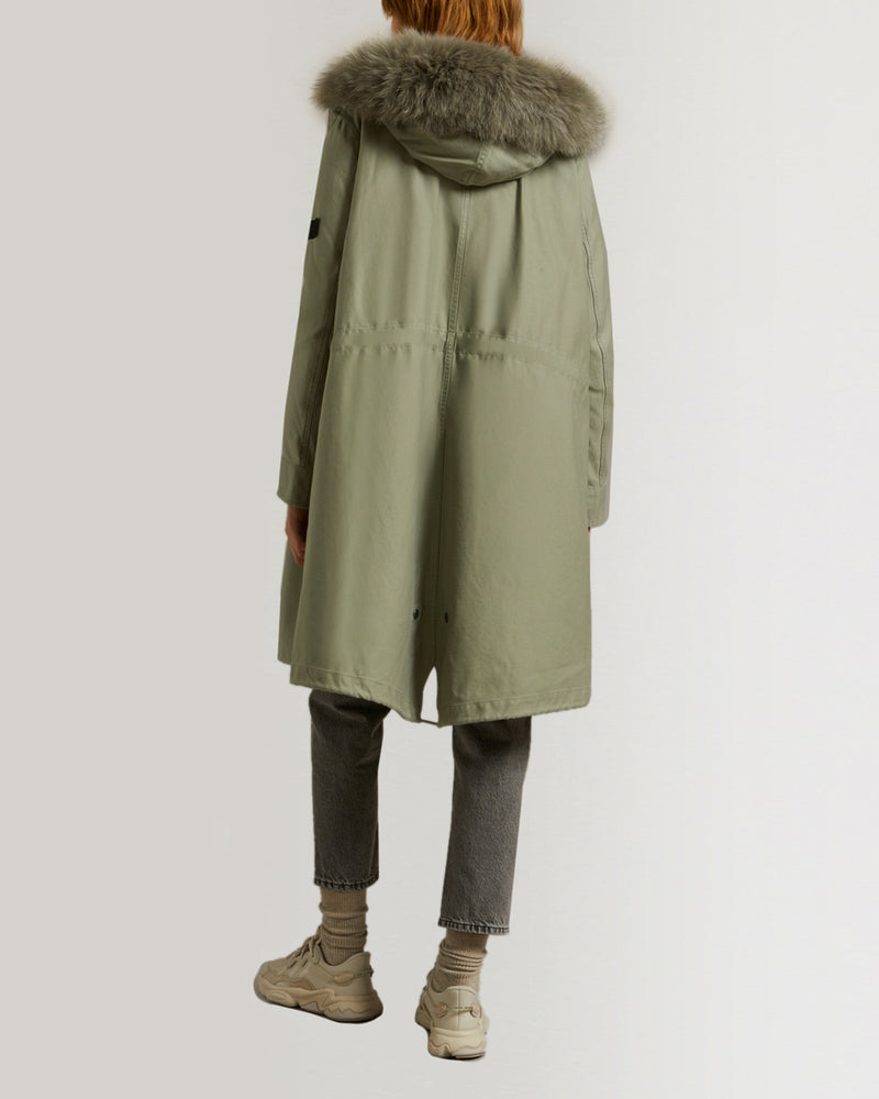 Parka longue en coton avec lapin et fourrure de renard