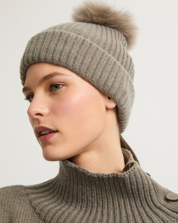 Cashmere and wool knit beanie with fox fur pompom