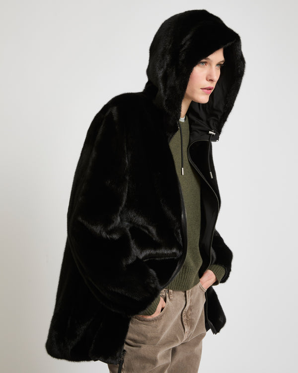 Reversible long parka in fabric and mink