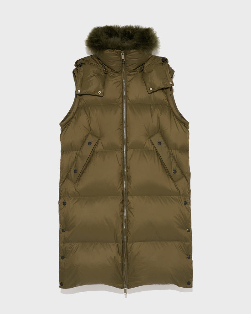 Long down jacket in water-repellent technical fabric with collar trim in fluffy lambswool