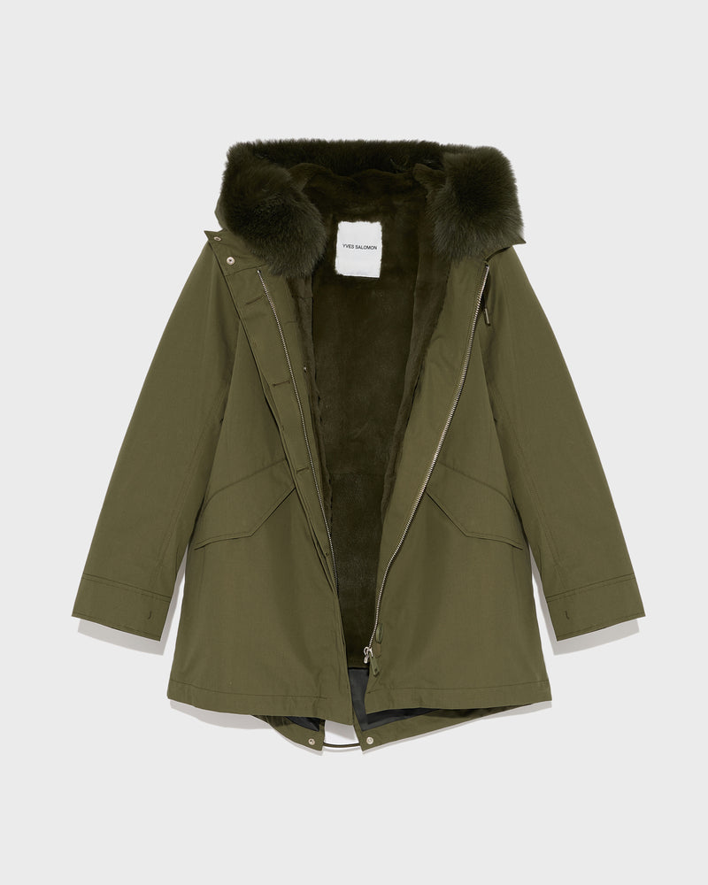 Short parka in waterproof cotton blend with fox and rabbit fur