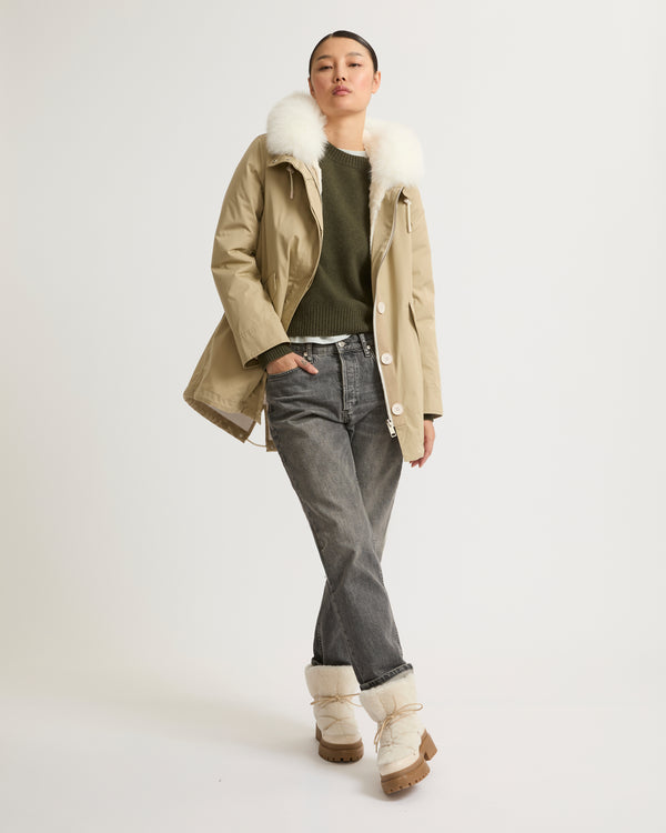 Short parka in waterproof cotton blend with fox and rabbit fur