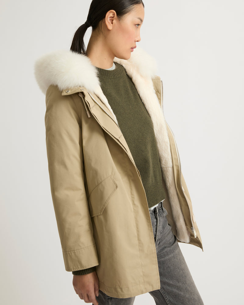 Short parka in waterproof cotton blend with fox and rabbit fur