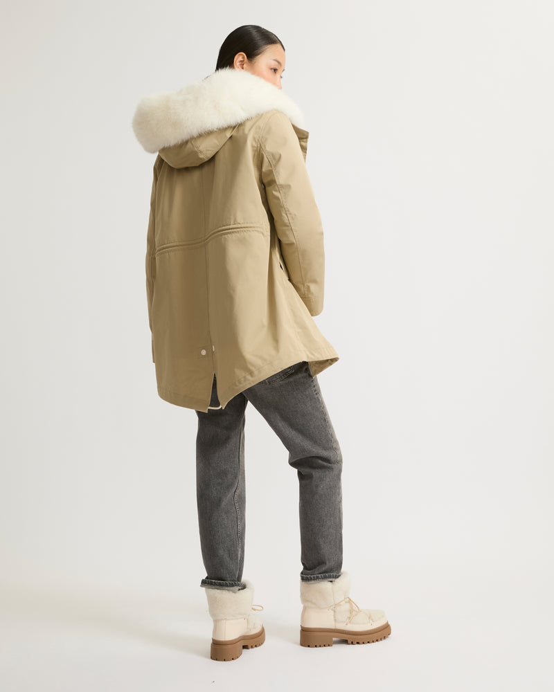 Short parka in waterproof cotton blend with fox and rabbit fur