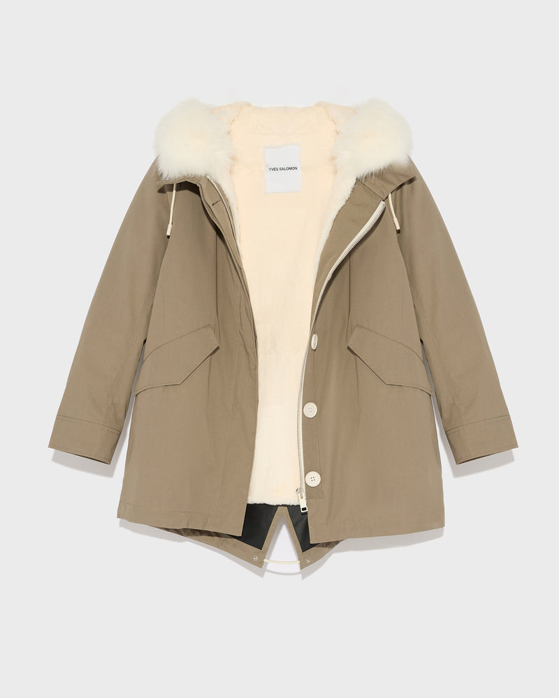 Parka courte en coton mélangé imperméable avec fourrure de renard et lapin