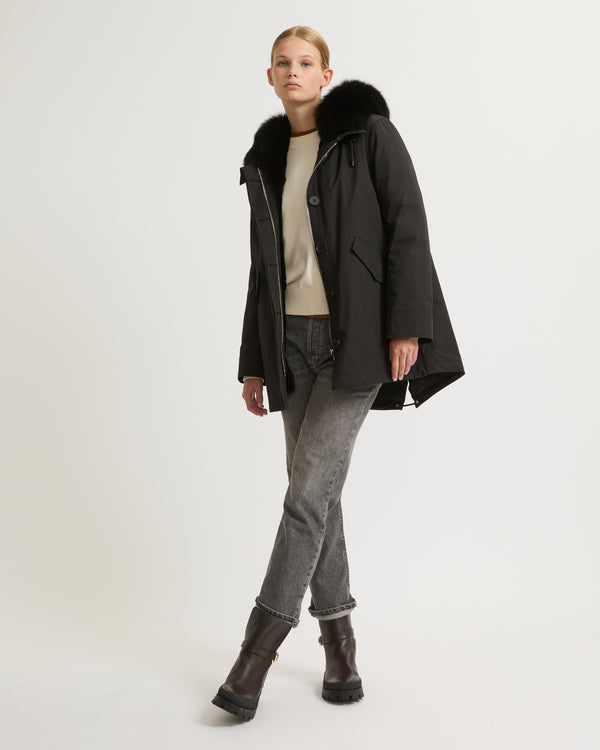 Short parka in waterproof cotton blend with fox and rabbit fur