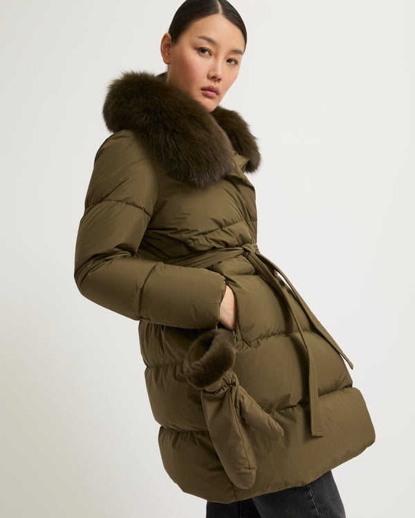 Belted down jacket in waterproof technical fabric with fox and rabbit fur