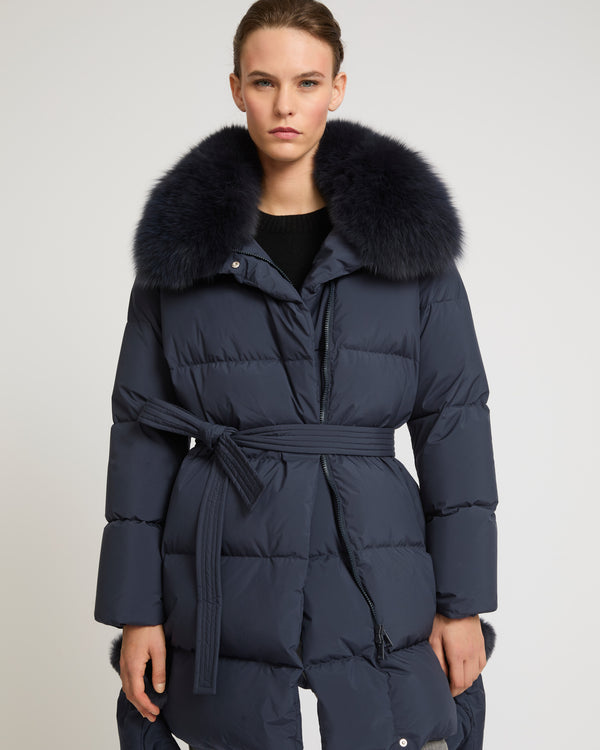 Belted down jacket in waterproof technical fabric with fox and rabbit fur