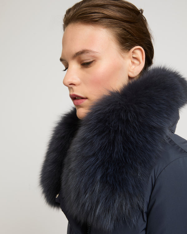 Belted down jacket in waterproof technical fabric with fox and rabbit fur