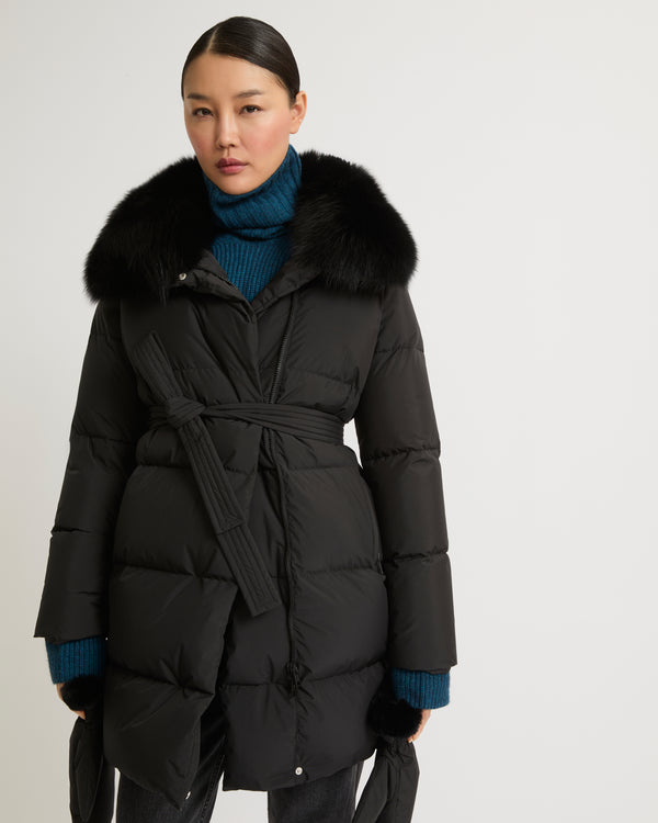 Belted down jacket in waterproof technical fabric with fox and rabbit fur