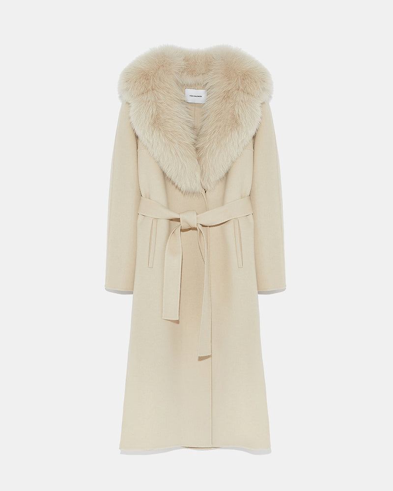 Belted coat in cashmere wool with fox fur collar and lapel