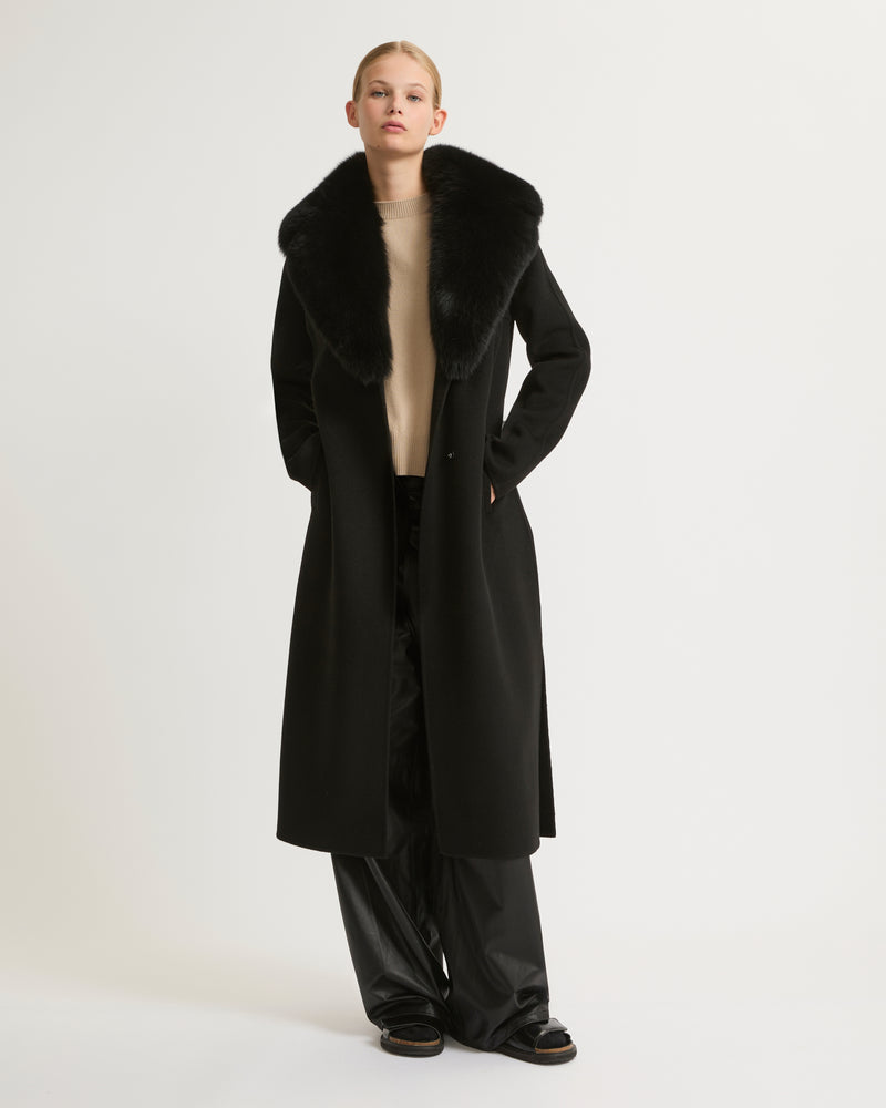 Yves Salomon Belted coat in cashmere wool with fox fur collar and lapel - black