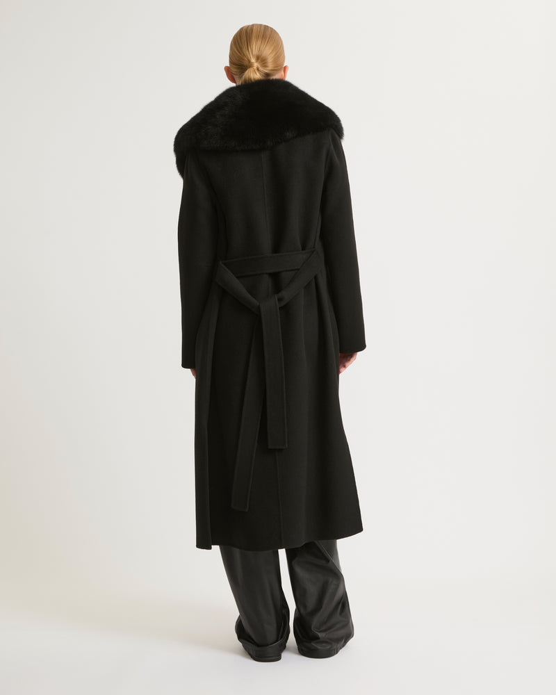 Yves Salomon Belted coat in cashmere wool with fox fur collar and lapel - black