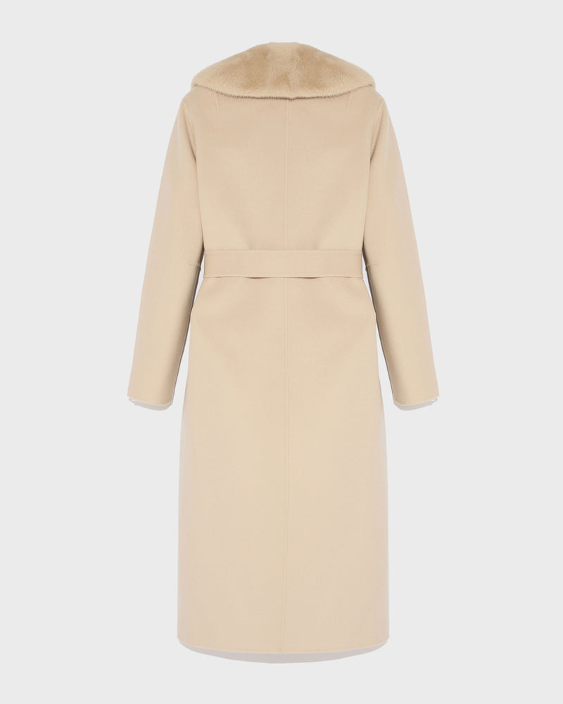 Belted coat in cashmere wool with mink fur collar and over-pockets