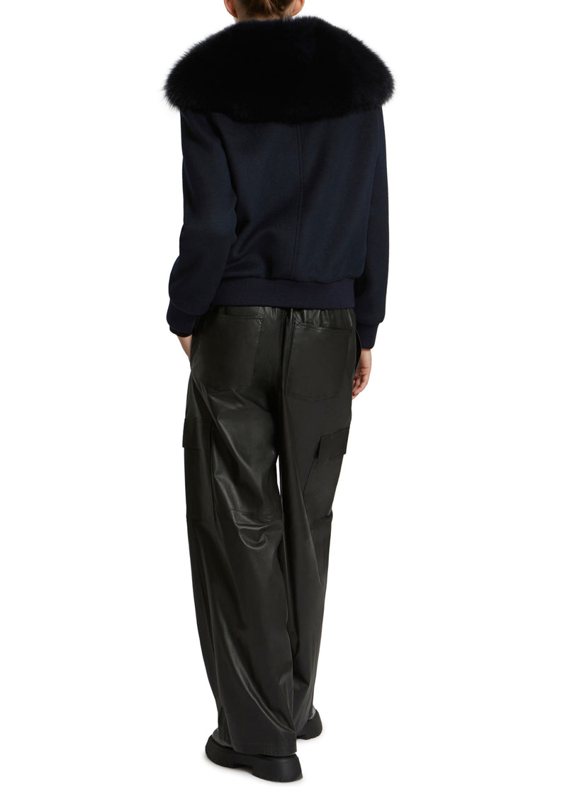 Yves Salomon Cropped jacket in cashmere wool with fox fur collar - navy