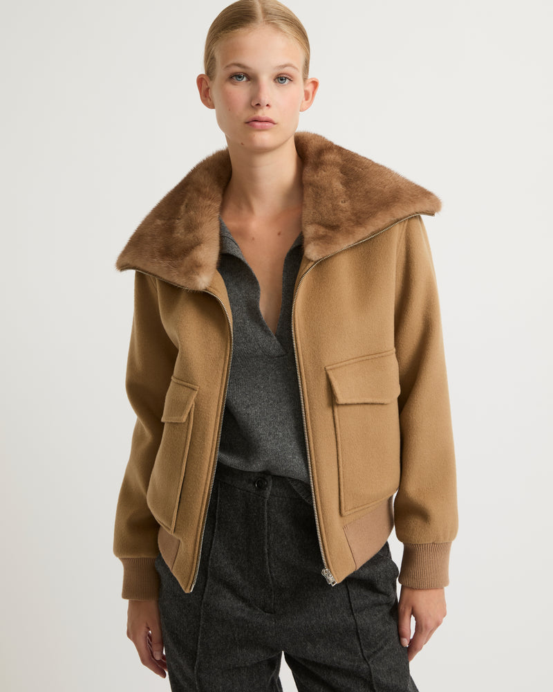 Cashmere wool jacket with mink fur collar