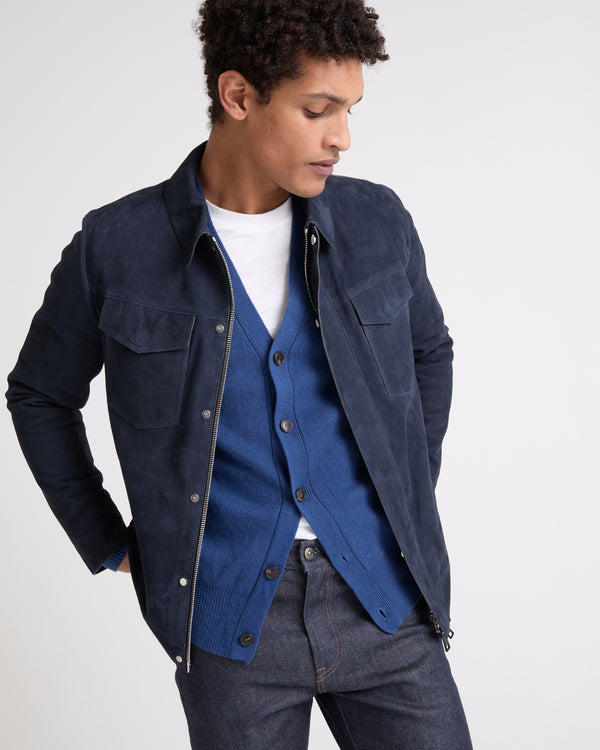 Double-sided velour leather jacket with nappa reverse - navy - Yves Salomon