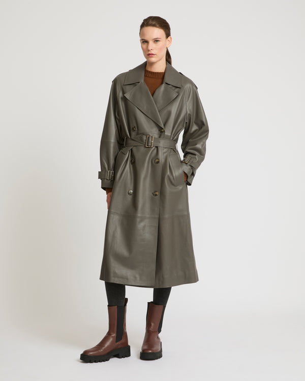 Long belted trench coat in lamb leather