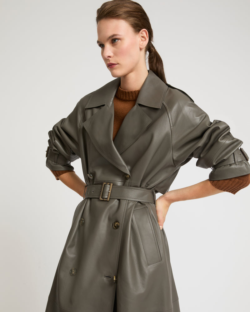 Long belted trench coat in lamb leather