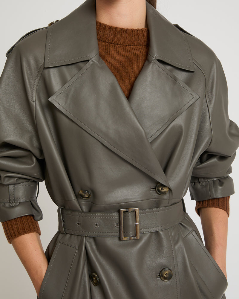 Long belted trench coat in lamb leather