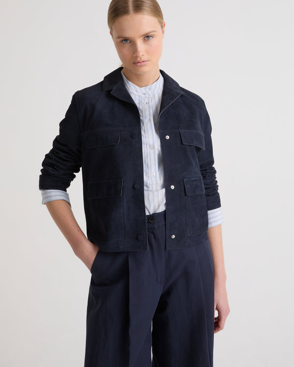 Cropped jacket in double-sided velour lamb leather - navy - Yves Salomon